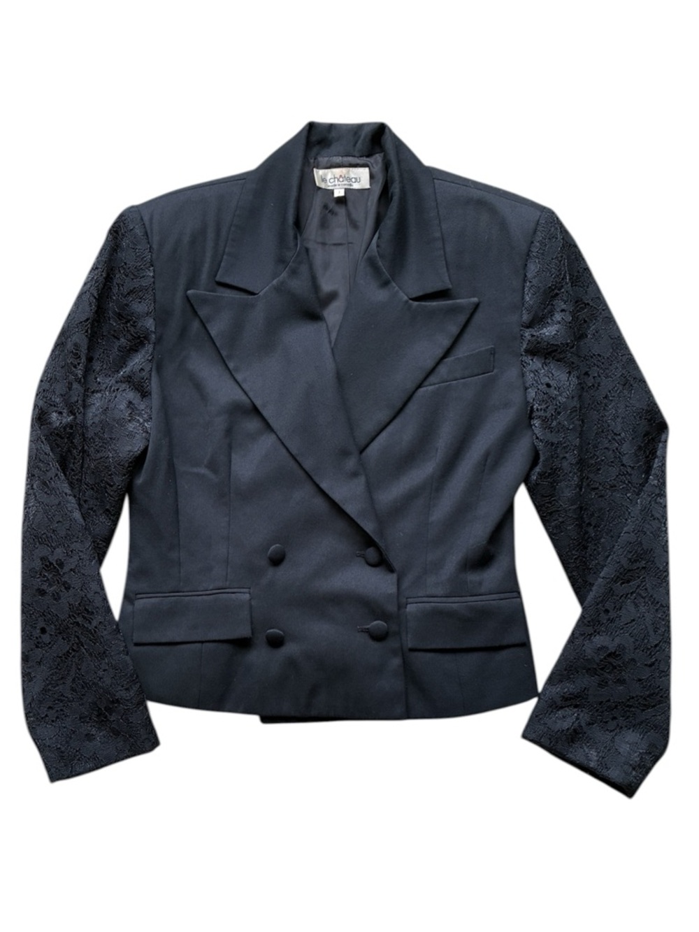 Le Château Vintage Women's Black Lace Sleeve Double-Breasted Blazer Size 7
